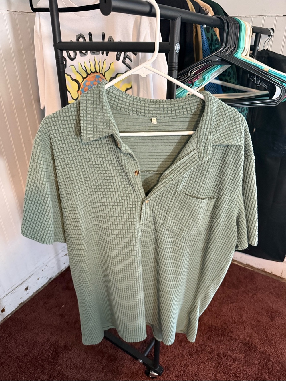 Waffle Knit Polo Top - Sage Green